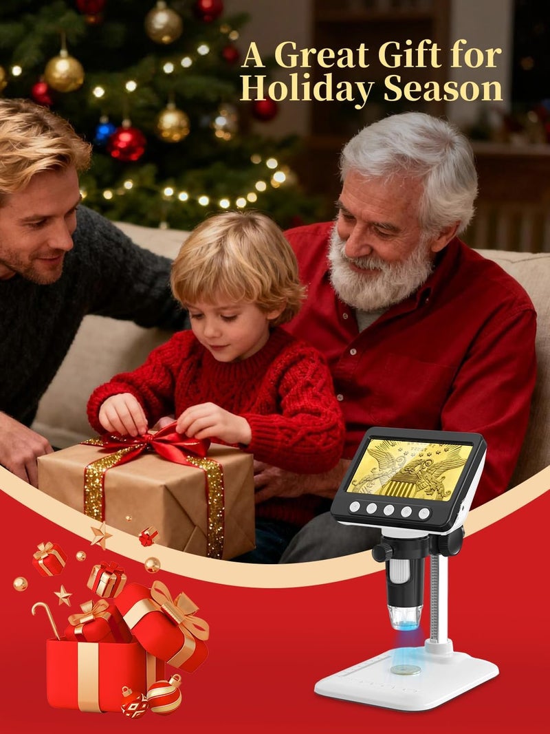 WKR ميكروسكوب عملات للأخطاء، 4.3 بوصة 1080P LCD ميكروسكوب رقمي، مكبر 50x-1000x مع 8 أضواء LED قابلة للتعديل، عرض على الكمبيوتر، متوافق مع MacOS و Windows للبالغين والأطفال - Image 3